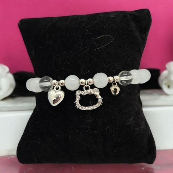 Hello Kitty Beaded Charm Bracelet Rhinestone Silver Pendant Cut-Out Cat Jewelry - Picture 2 of 4